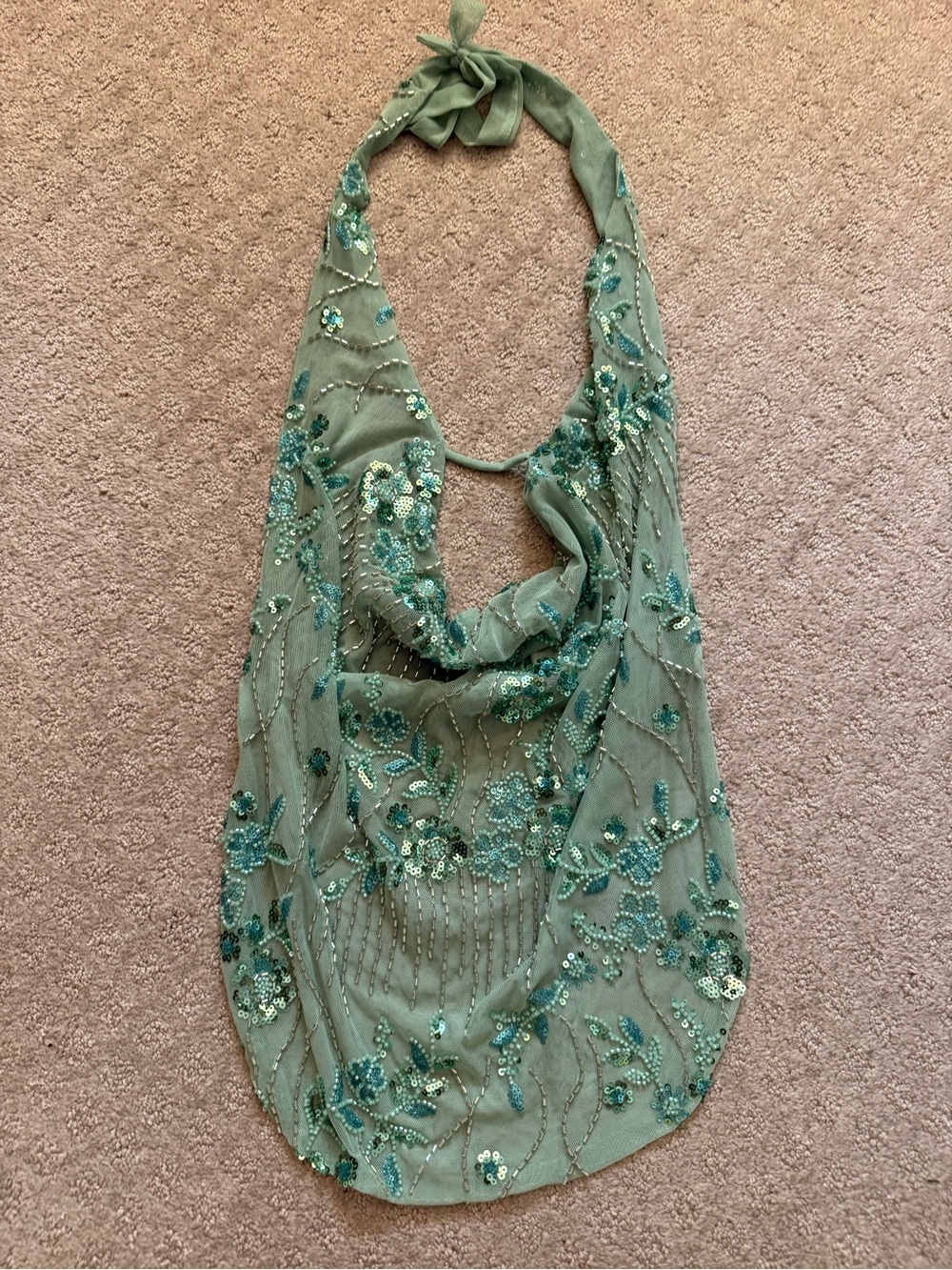 Green Beaded Halter Top with Plunging Neckline Backless Festival Fairycore Y2K - Picture 2 of 7